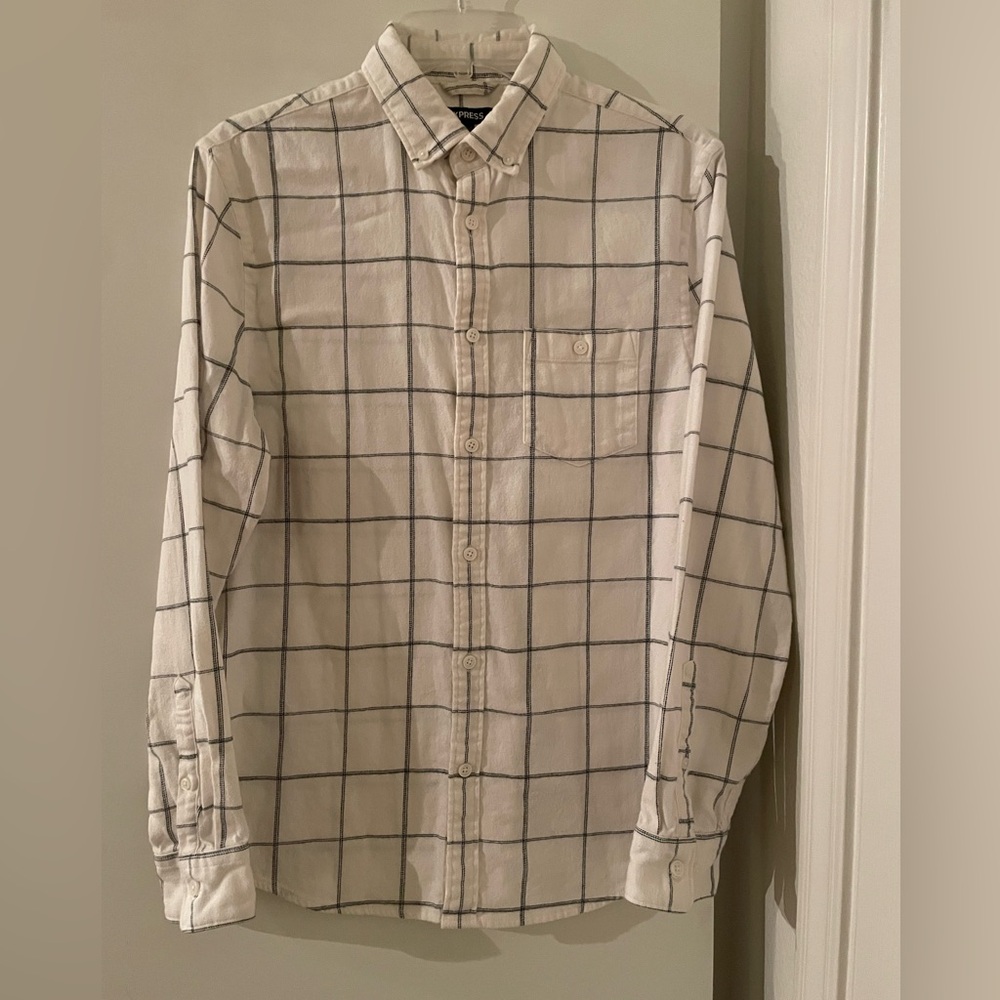 Express Cotton Flannel Long Sleeve Button Up Shirt Ivory/Black Grid Check